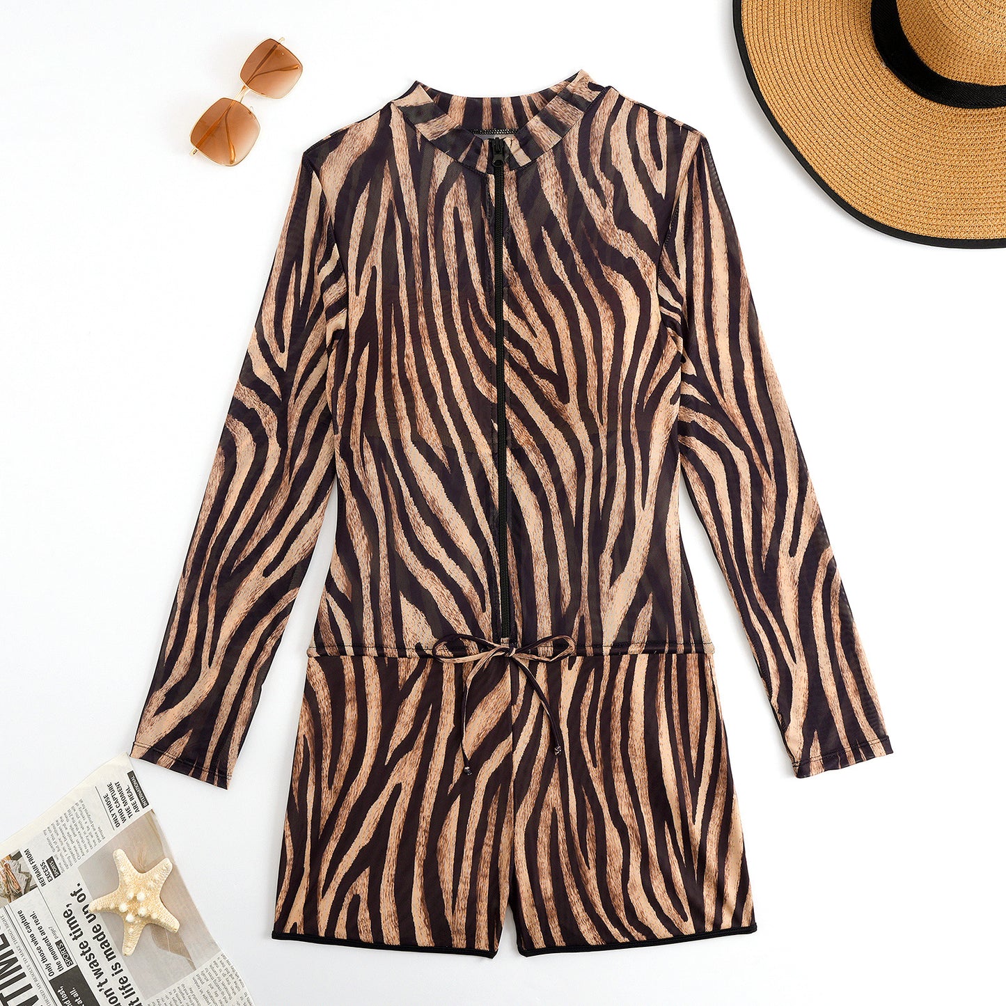 Brown zebra pattern Boyshort bottoms long sleeve One Piece Surf suit