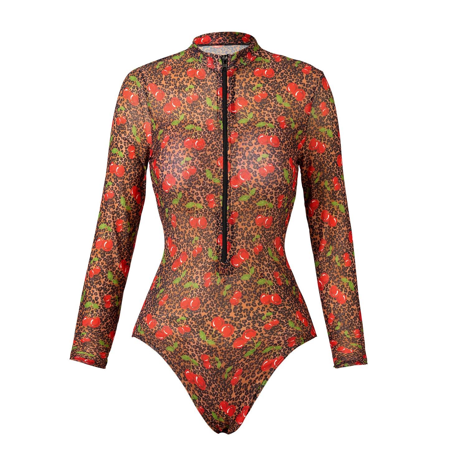 Leopard print & cherry Sheer mesh swimsuit Long-sleeve One-Piece Surf Rashguard