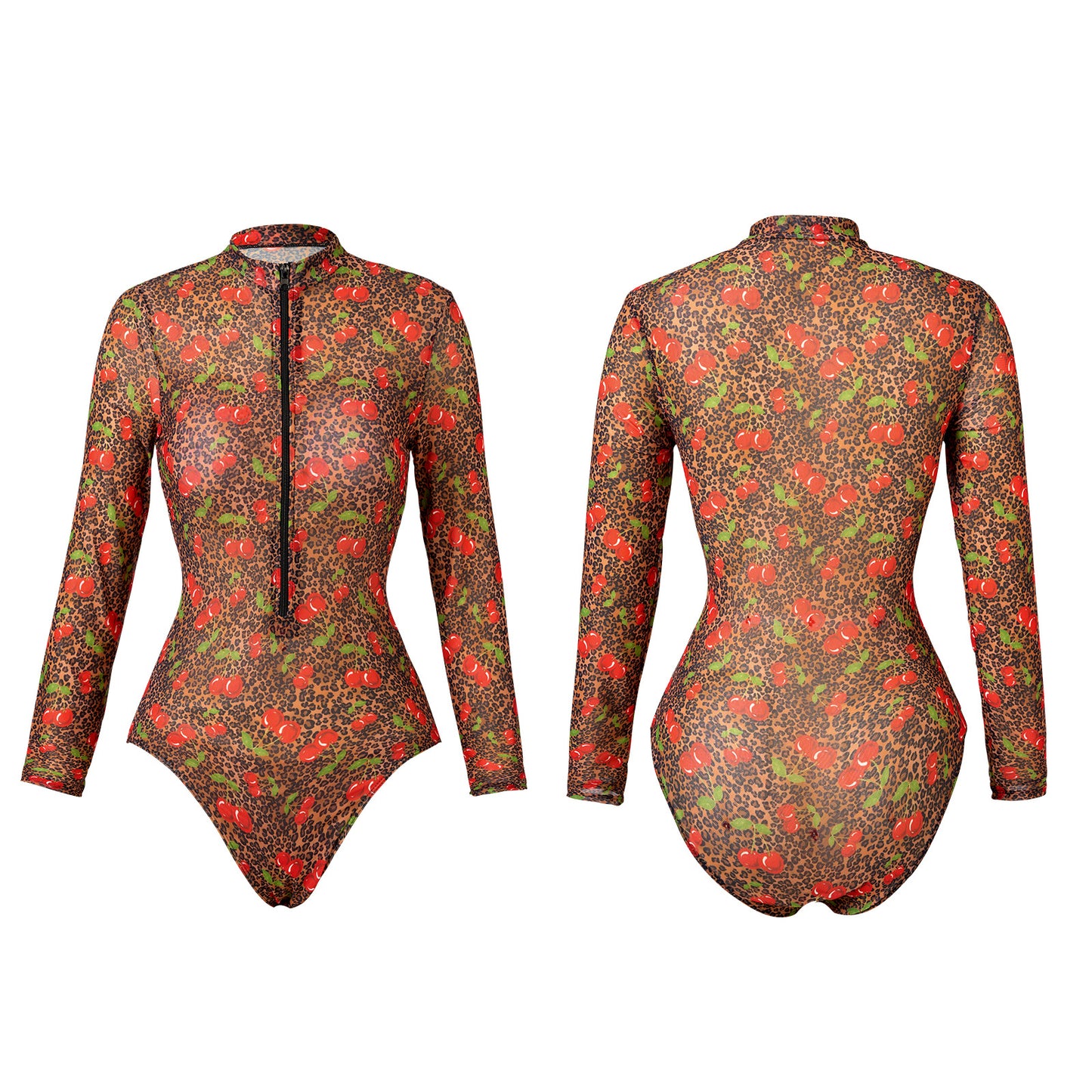 Leopard print & cherry Sheer mesh swimsuit Long-sleeve One-Piece Surf Rashguard