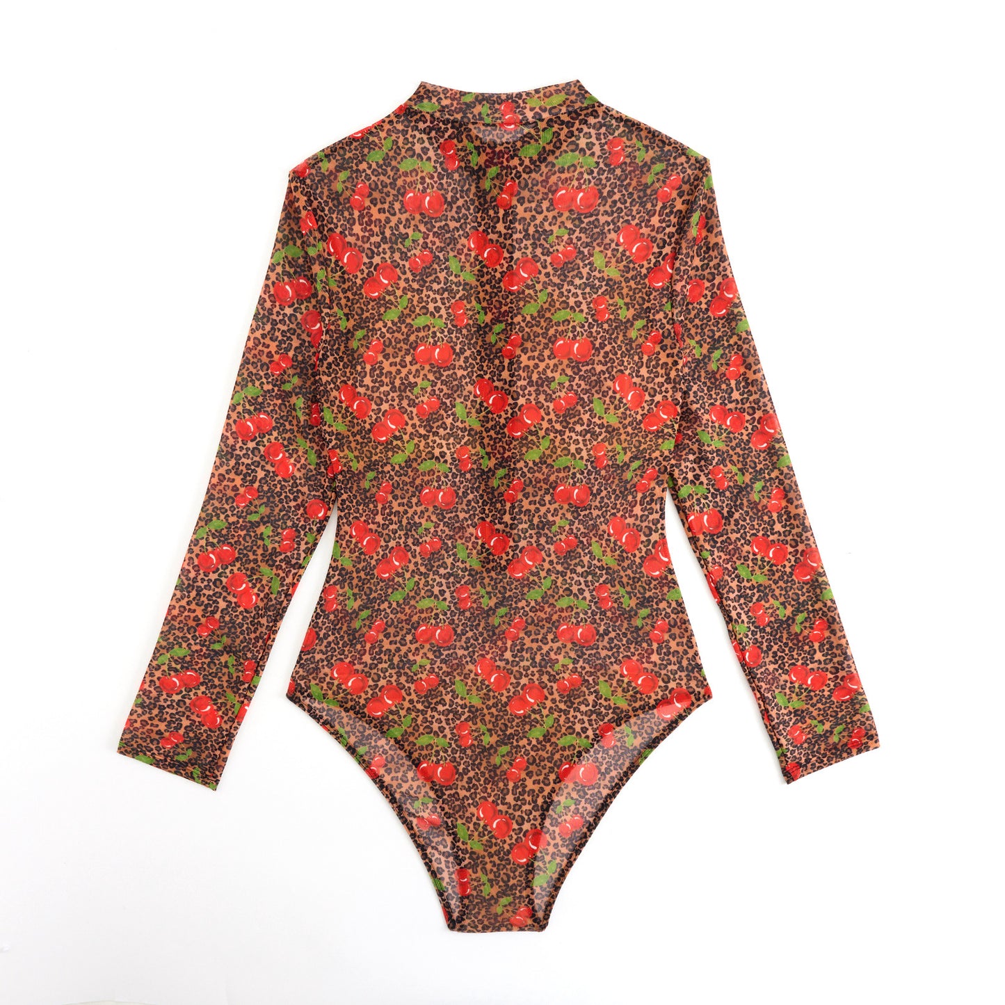 Leopard print & cherry Sheer mesh swimsuit Long-sleeve One-Piece Surf Rashguard