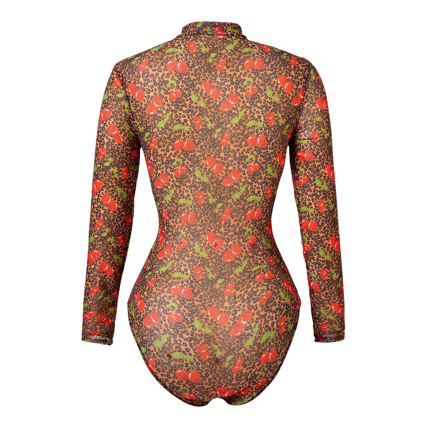 Leopard print & cherry Sheer mesh swimsuit Long-sleeve One-Piece Surf Rashguard