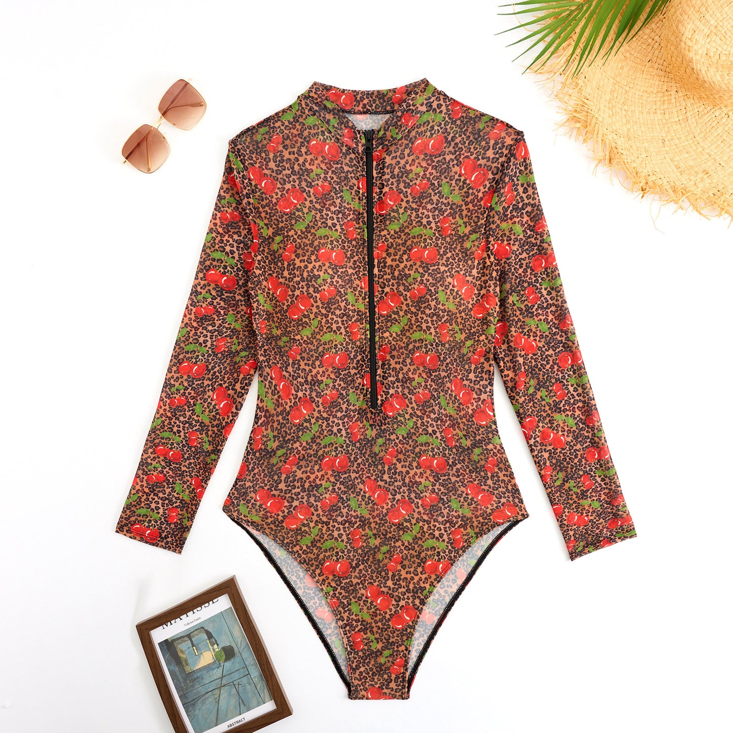 Leopard print & cherry Sheer mesh swimsuit Long-sleeve One-Piece Surf Rashguard