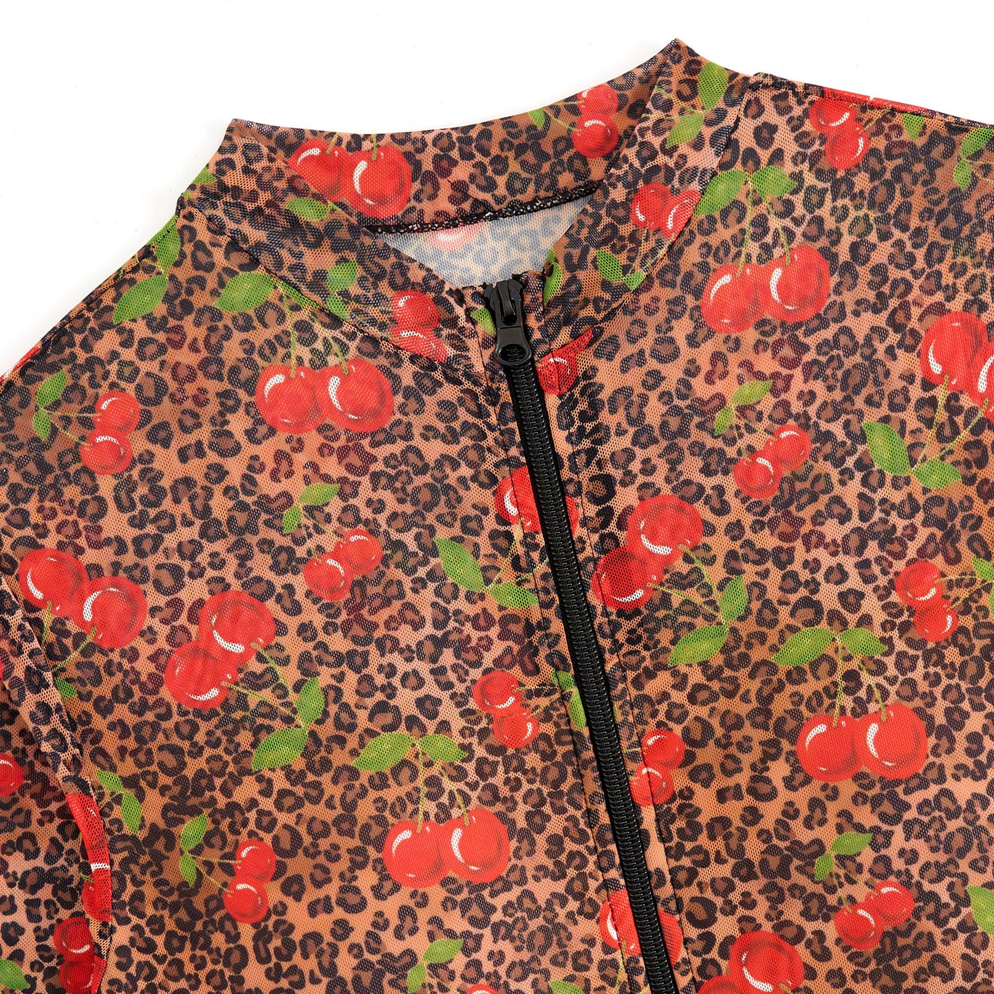Leopard print & cherry Sheer mesh swimsuit Long-sleeve One-Piece Surf Rashguard