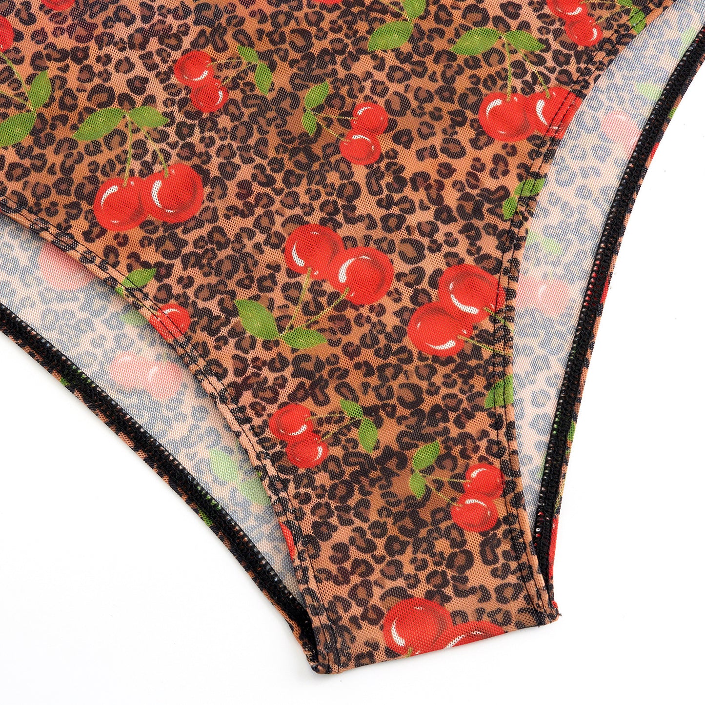 Leopard print & cherry Sheer mesh swimsuit Long-sleeve One-Piece Surf Rashguard