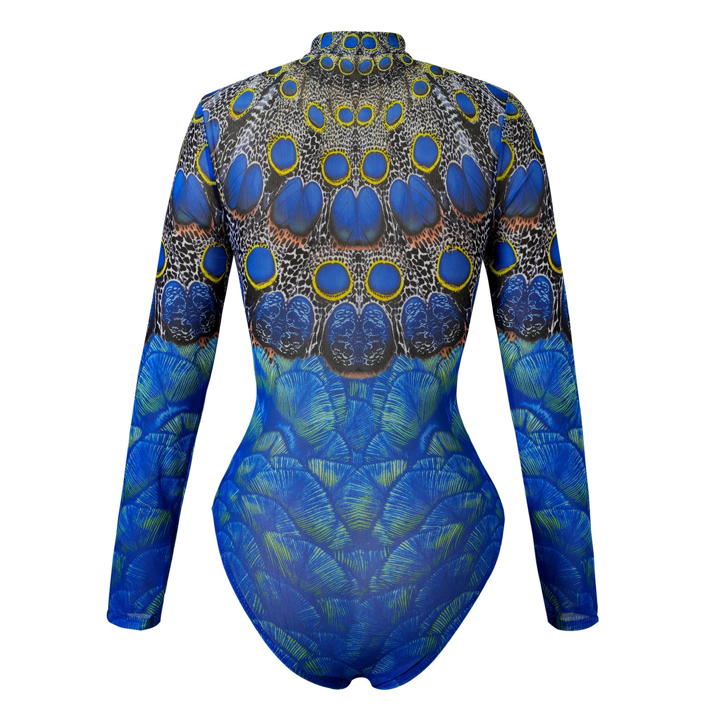 Abstract Peacock Geometry Sheer mesh swimsuit Long-sleeve One-Piece Surf Rashguard