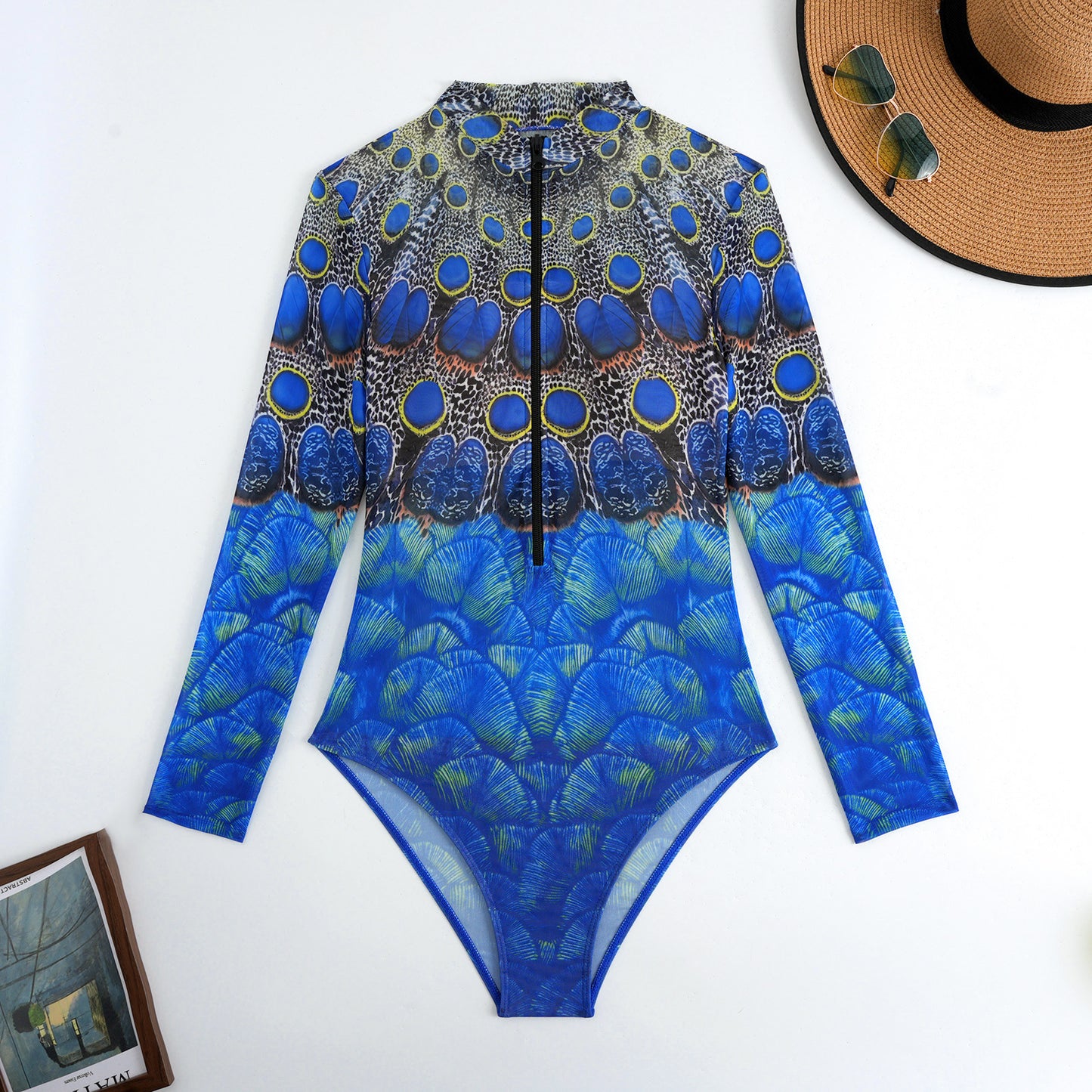 Abstract Peacock Geometry Sheer mesh swimsuit Long-sleeve One-Piece Surf Rashguard
