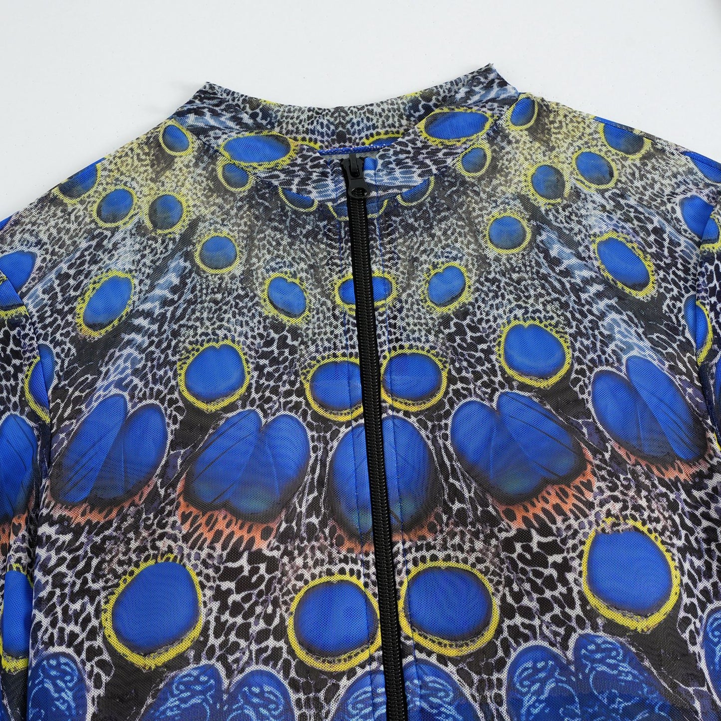 Abstract Peacock Geometry Sheer mesh swimsuit Long-sleeve One-Piece Surf Rashguard