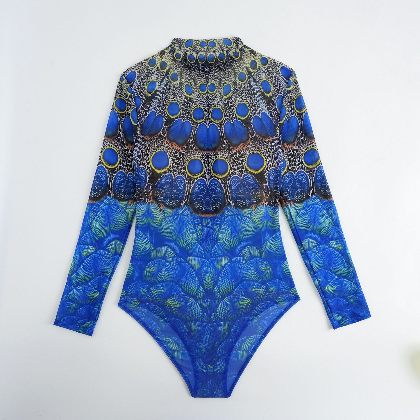 Abstract Peacock Geometry Sheer mesh swimsuit Long-sleeve One-Piece Surf Rashguard