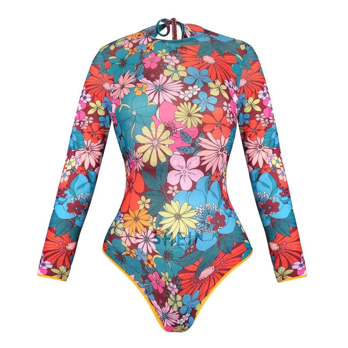 Daisy floral pattern Sheer mesh swimsuit Long-sleeve One-Piece Surf Rashguard