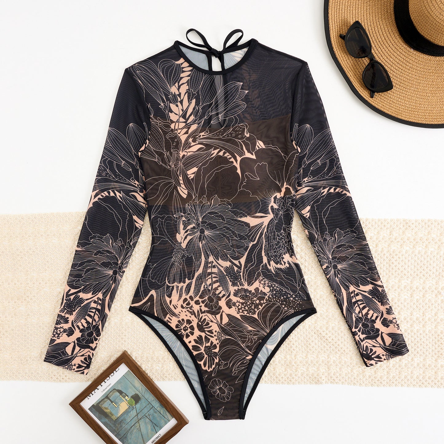 Black floral pattern Sheer mesh swimsuit Long-sleeve One-Piece Surf Rashguard