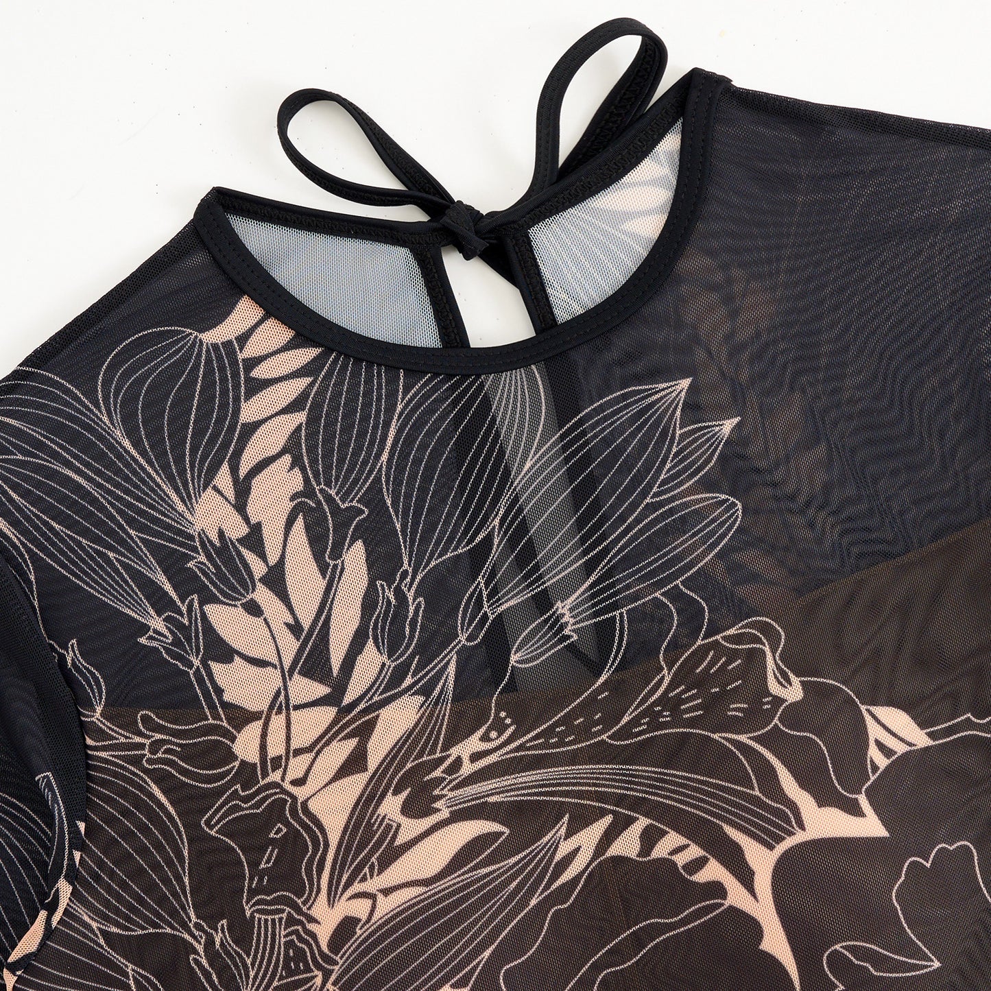 Black floral pattern Sheer mesh swimsuit Long-sleeve One-Piece Surf Rashguard