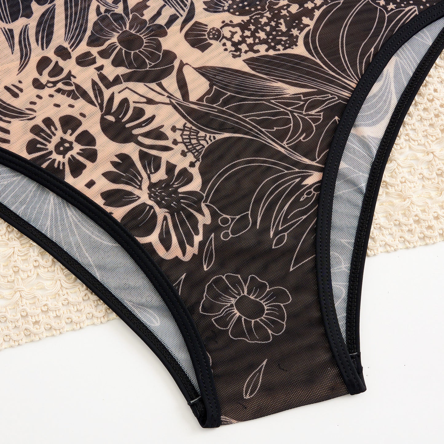 Black floral pattern Sheer mesh swimsuit Long-sleeve One-Piece Surf Rashguard