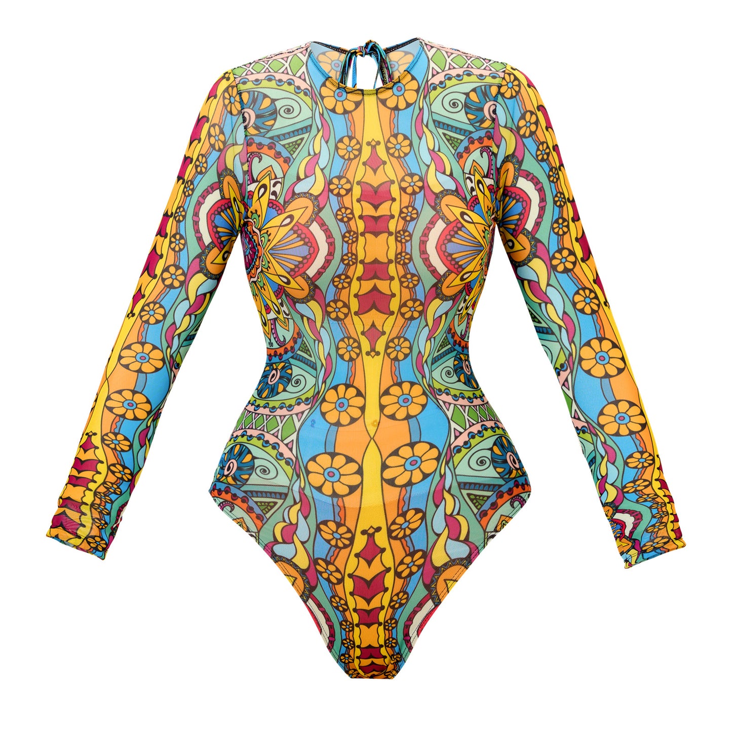 Bohemian mandala totem pattern Sheer mesh swimsuit Long-sleeve One-Piece Surf Rashguard