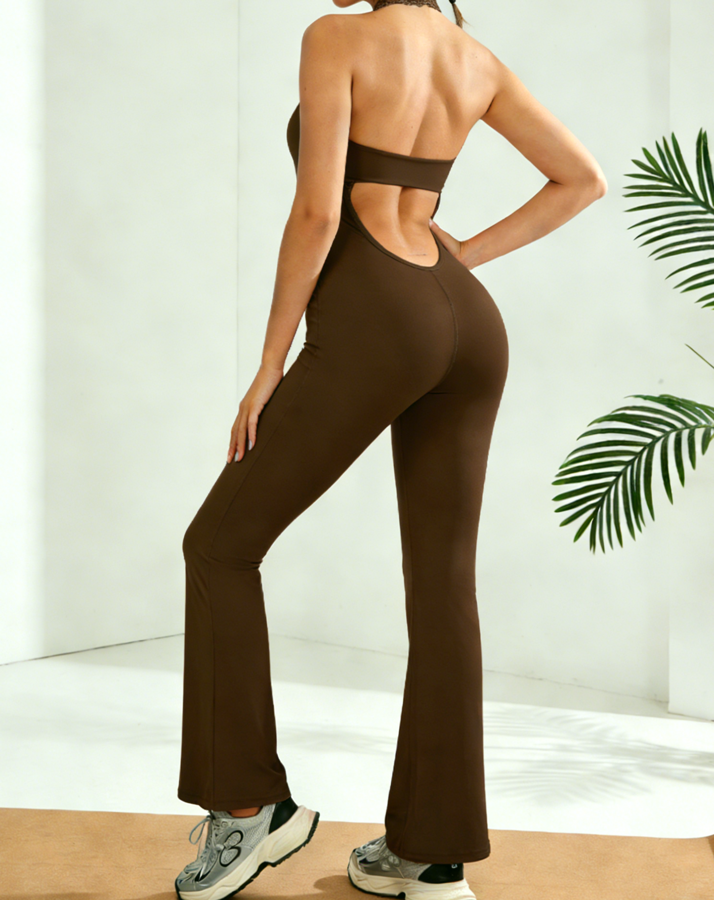Lace Backless Halter Flare Yoga Jumpsuit With Built-in Bra