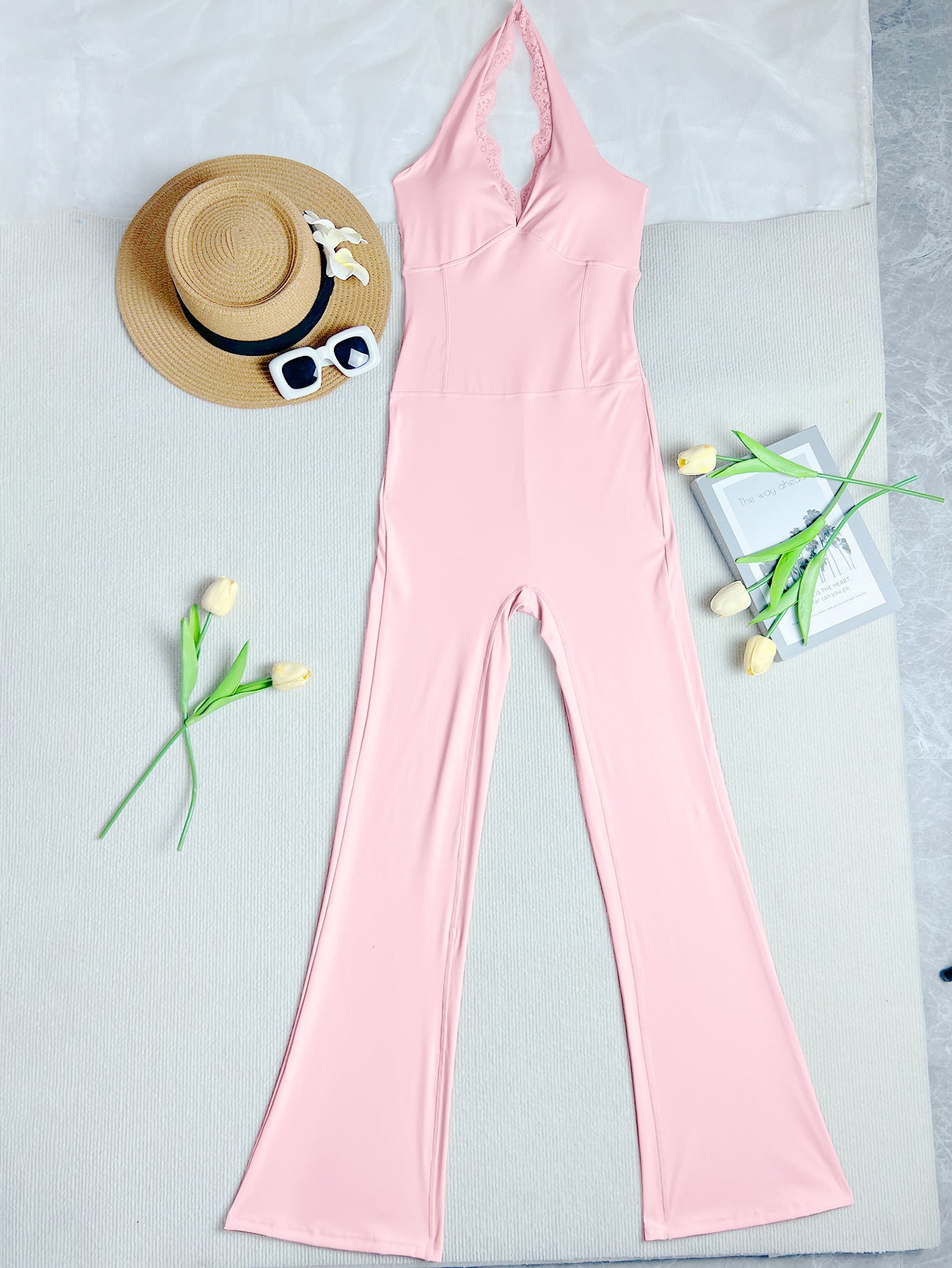 Backless Lace Halter Flare Yoga Jumpsuit With Built-in Bra