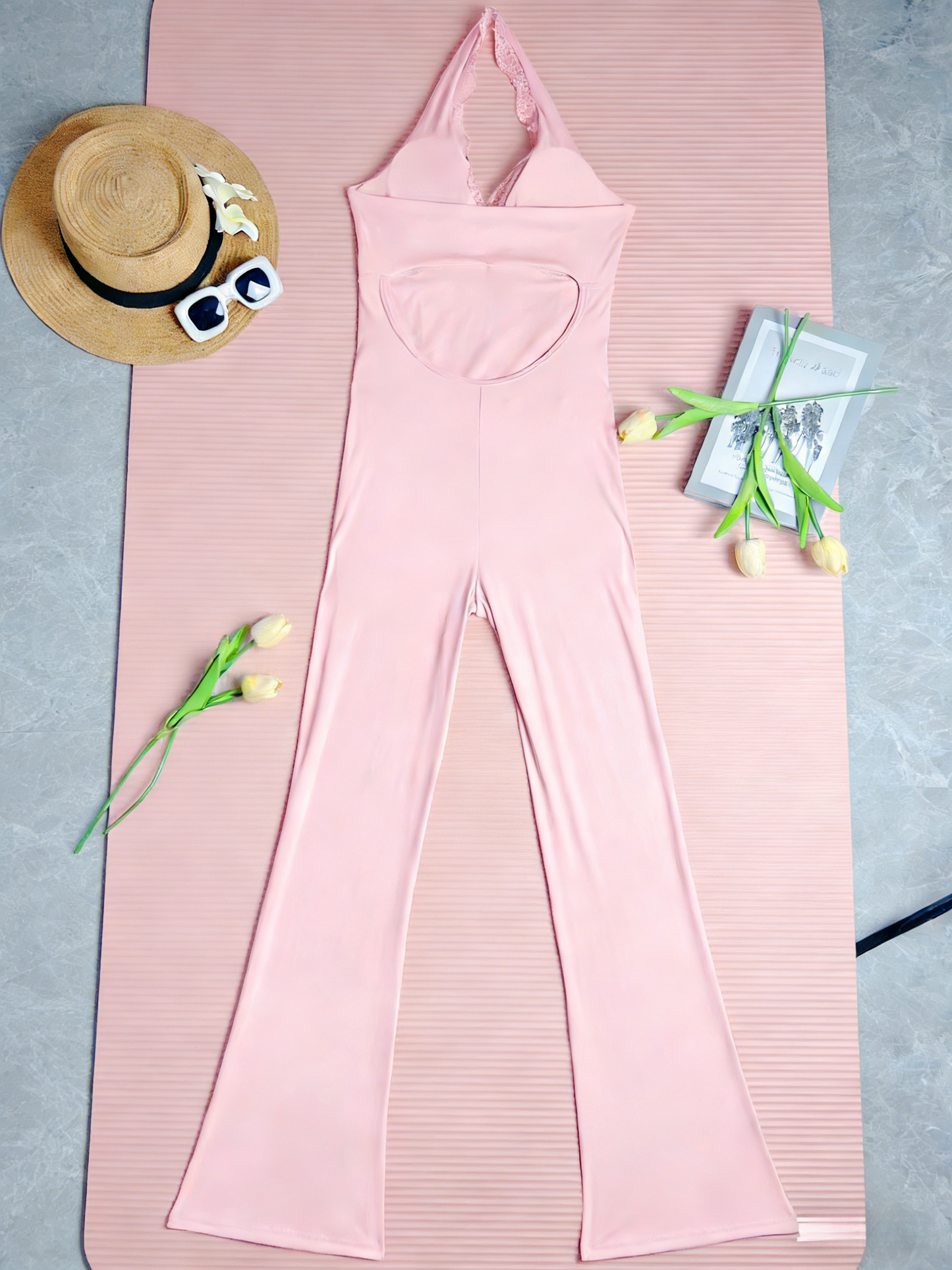 Backless Lace Halter Flare Yoga Jumpsuit With Built-in Bra