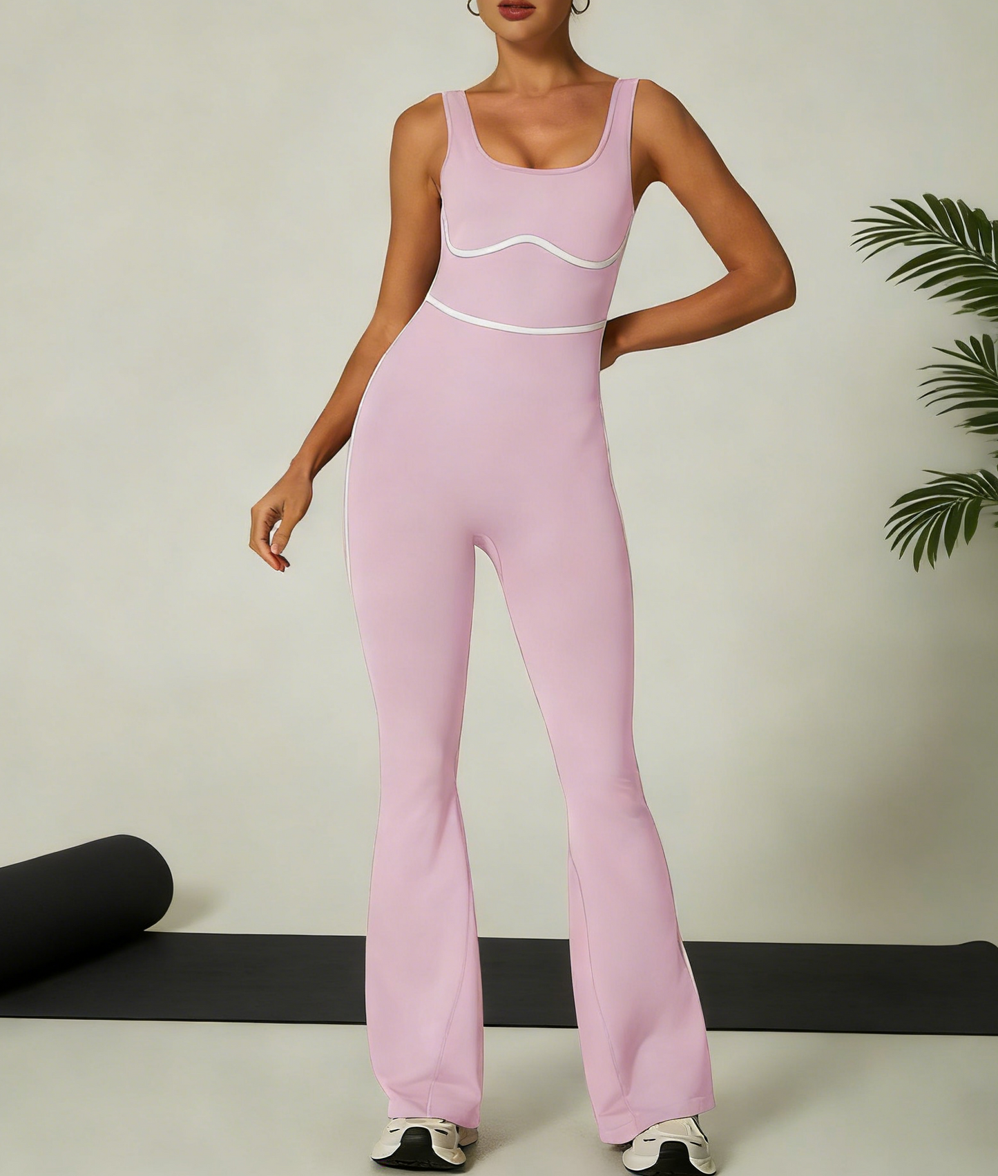 Color-Block Strappy Flare Yoga Jumpsuit With Built-in Bra