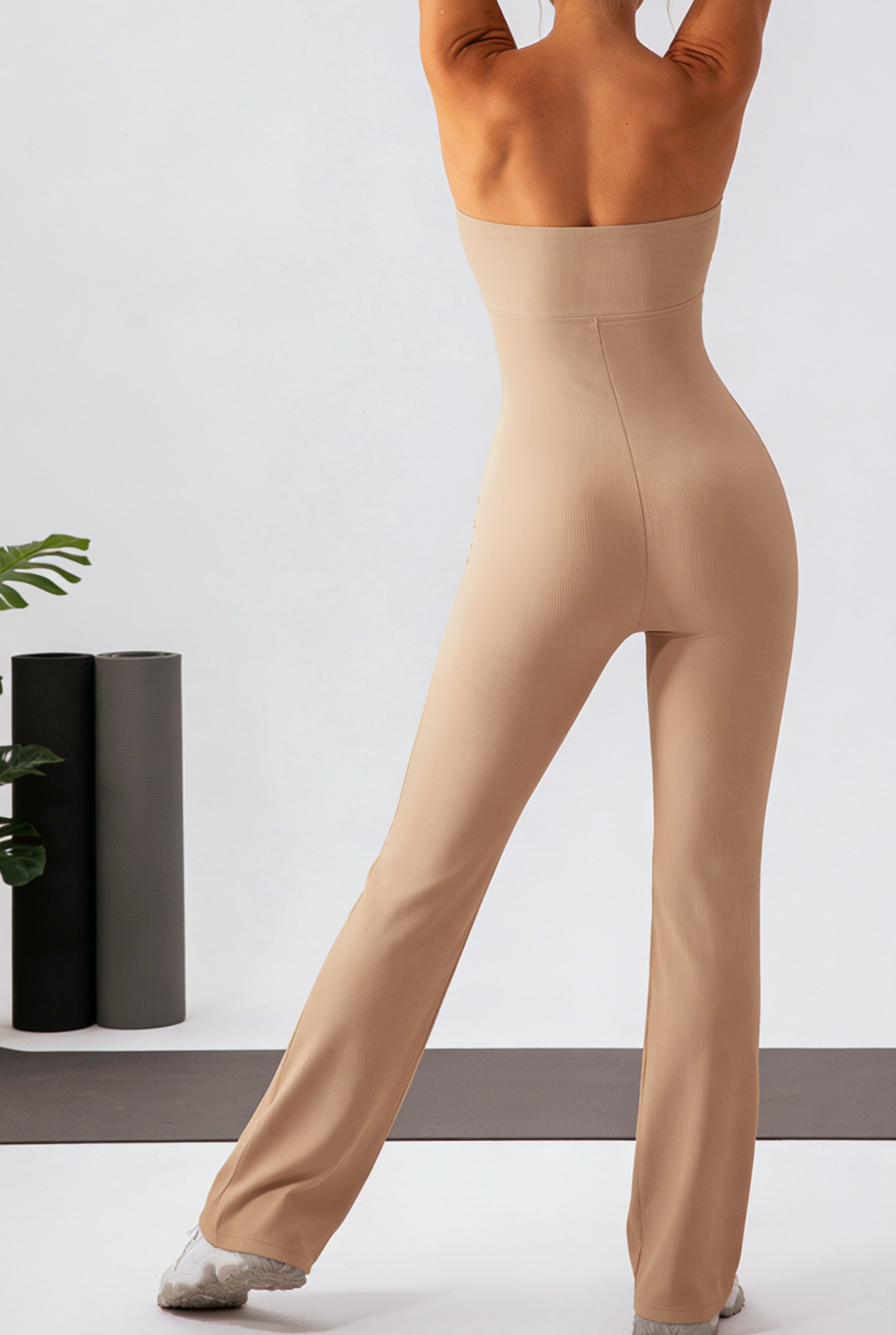 Ribbed Strapless Flare Yoga Jumpsuit With Built-in Bra
