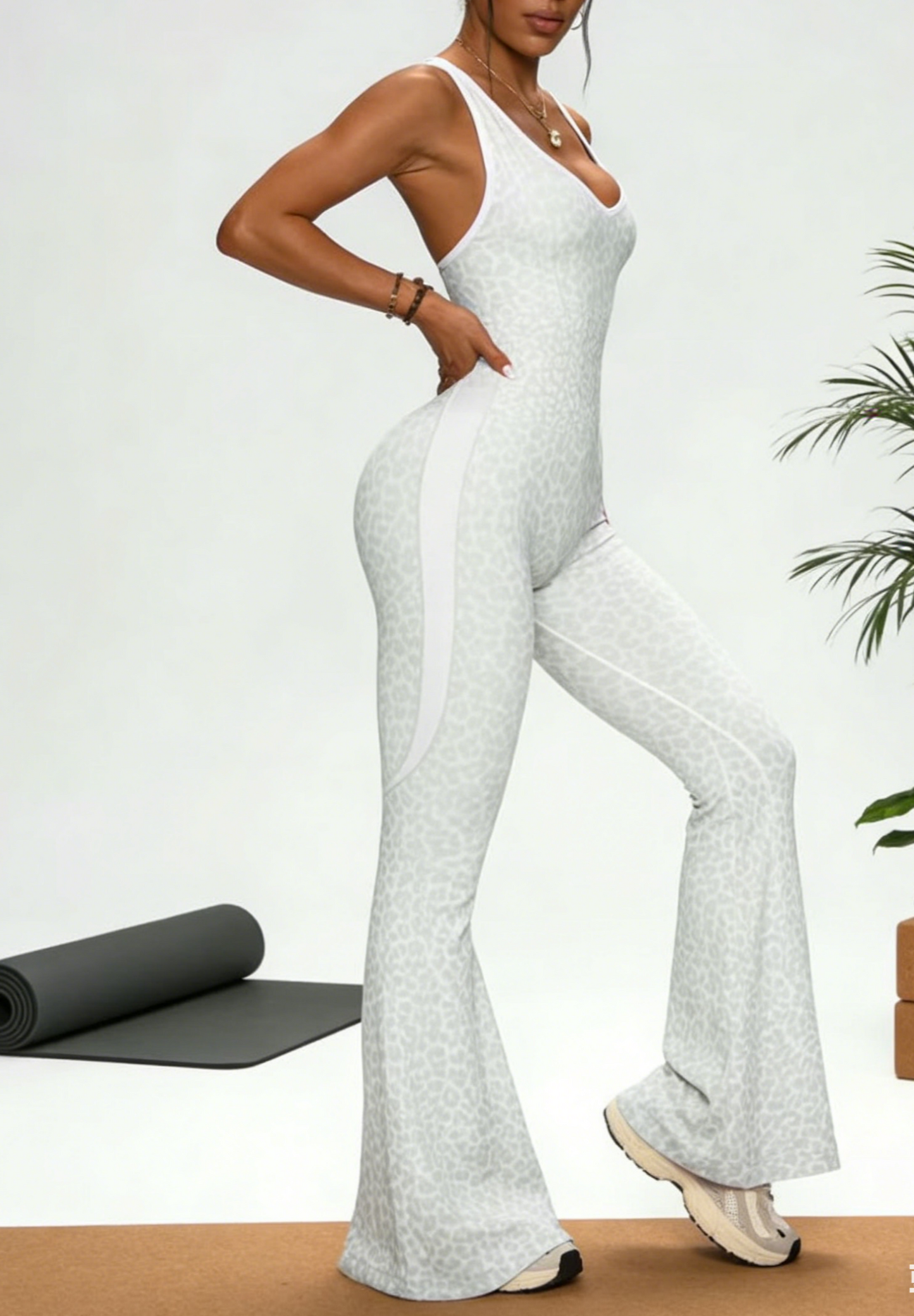 Leopard Print Flare Yoga Jumpsuit With Built-in Bra