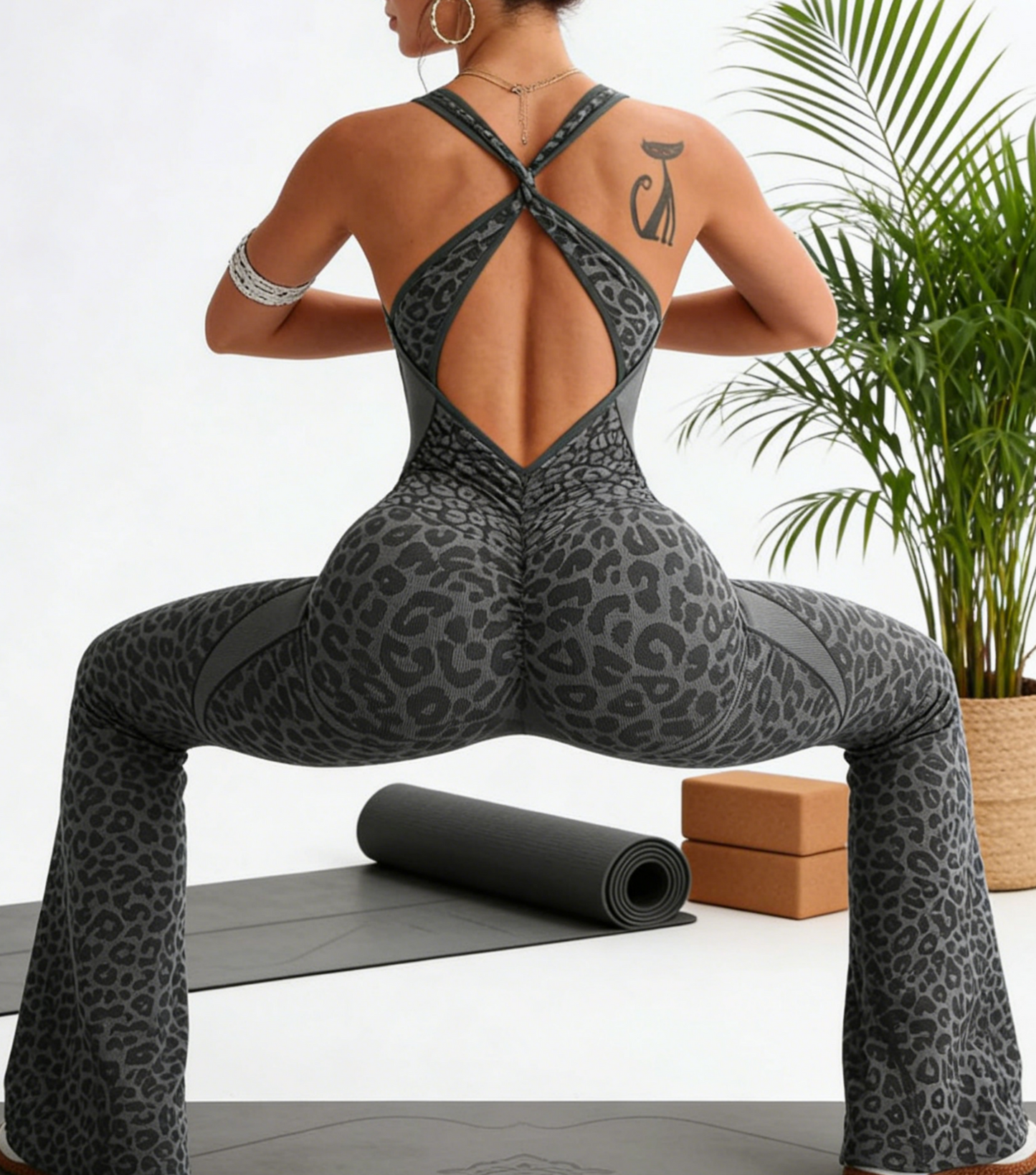 Leopard Print Flare Yoga Jumpsuit With Built-in Bra