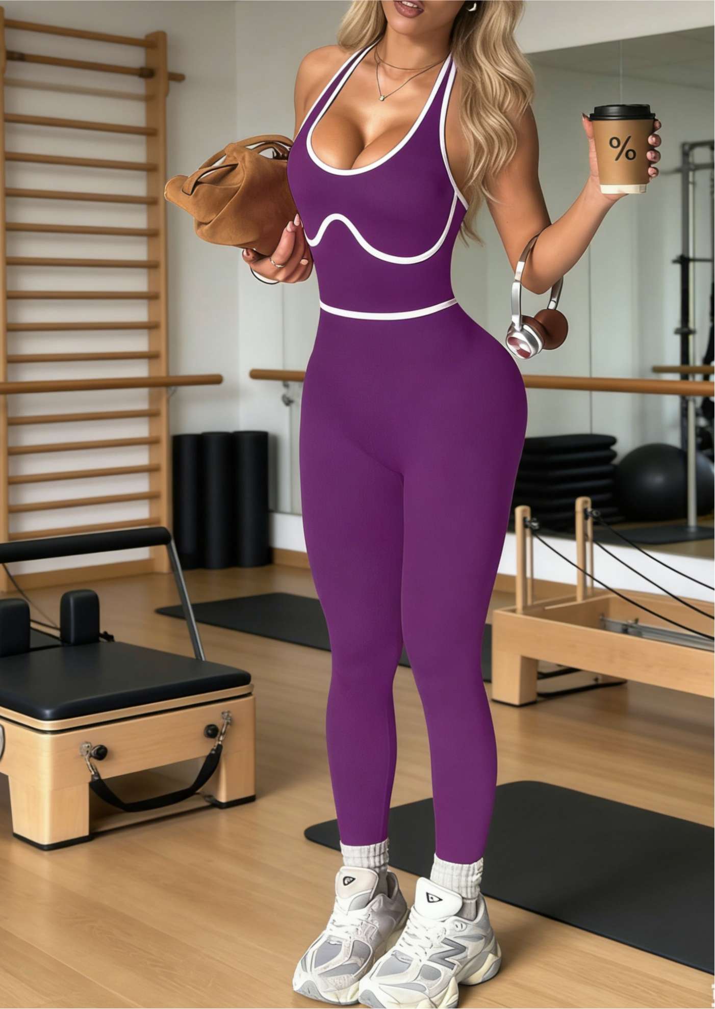 One-Piece Backless Color-Block Halter Yoga Jumpsuit