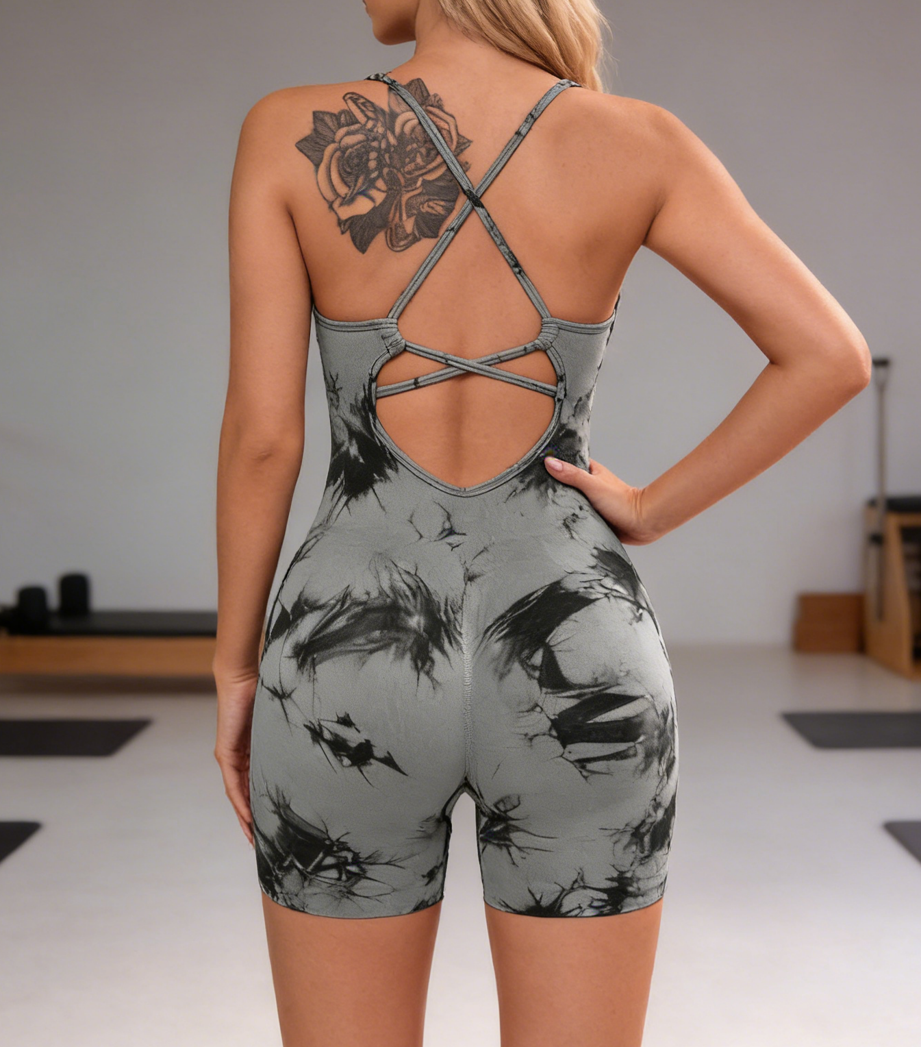 Tie-Dye Print Seamless Yoga Rompers With Built-in Bra