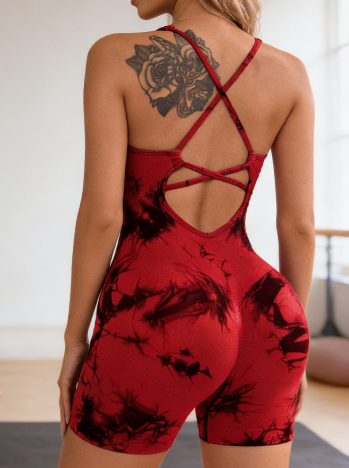 Tie-Dye Print Seamless Yoga Rompers With Built-in Bra