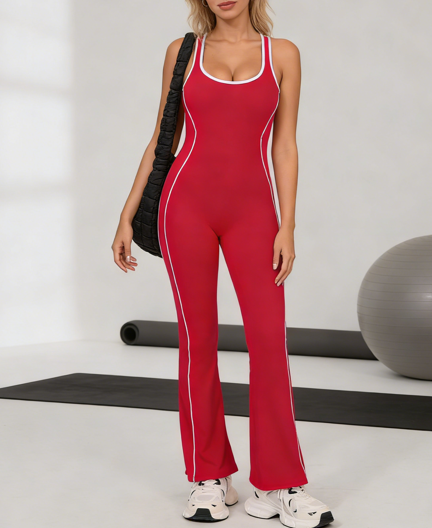Striped Racerback Flare Yoga Jumpsuit With Built-in Bra