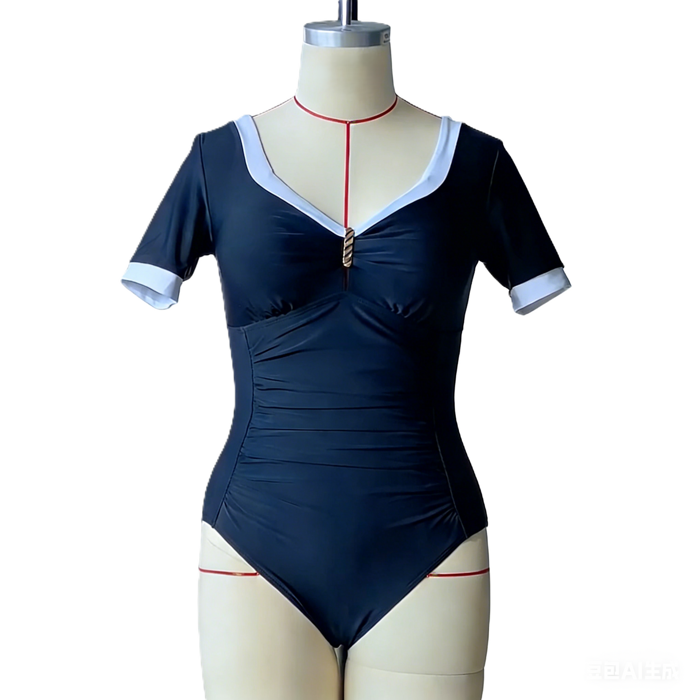 Ruched Chest Short-Sleeve Slim-Fit One-Piece Swimsuit
