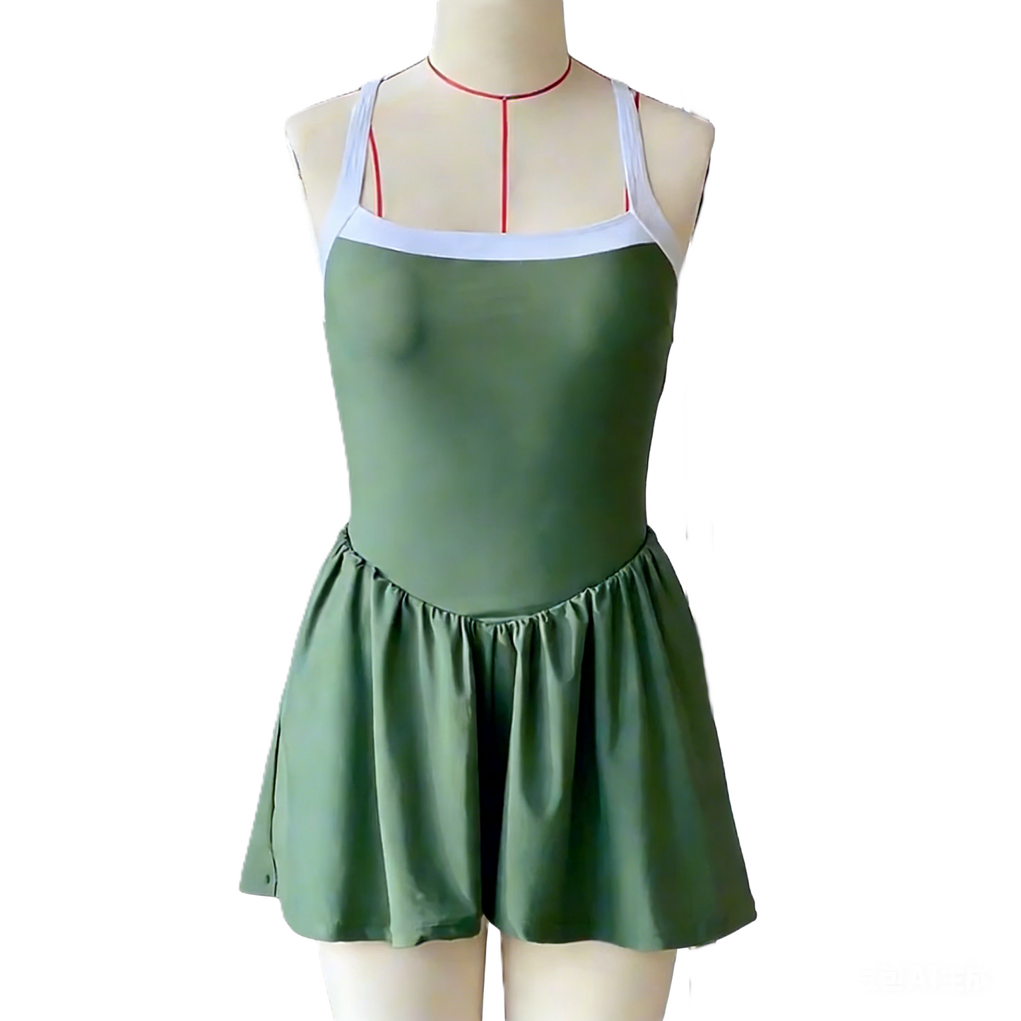 Lace-Up Color-Block Swimsuit Dress With Lining