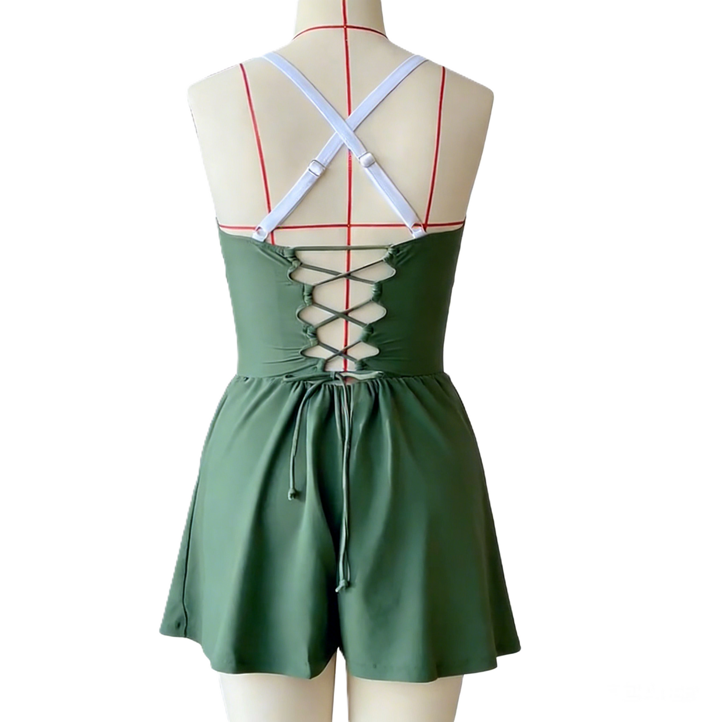 Lace-Up Color-Block Swimsuit Dress With Lining