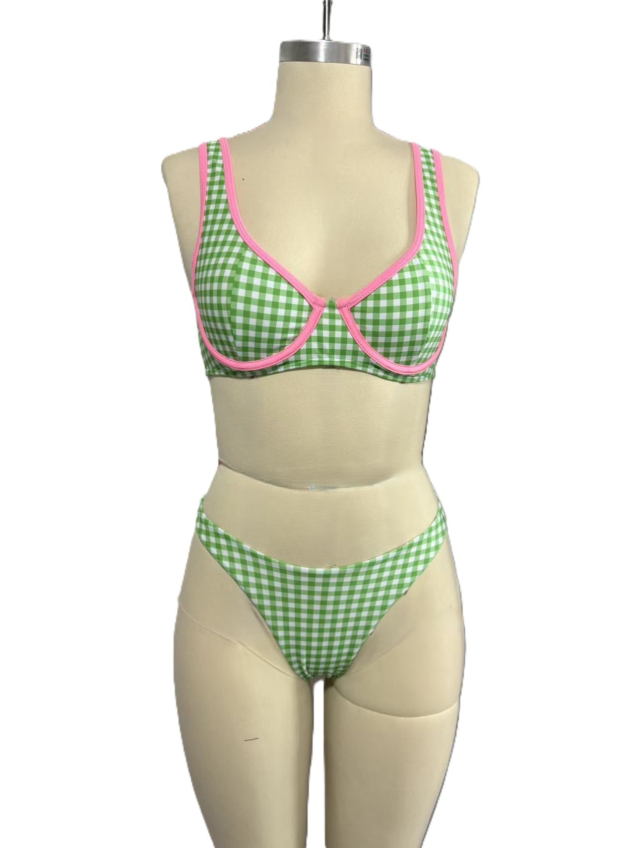 Plaid Color-Block Tie-Up Bikini Sexy Two-Piece Swimsuit