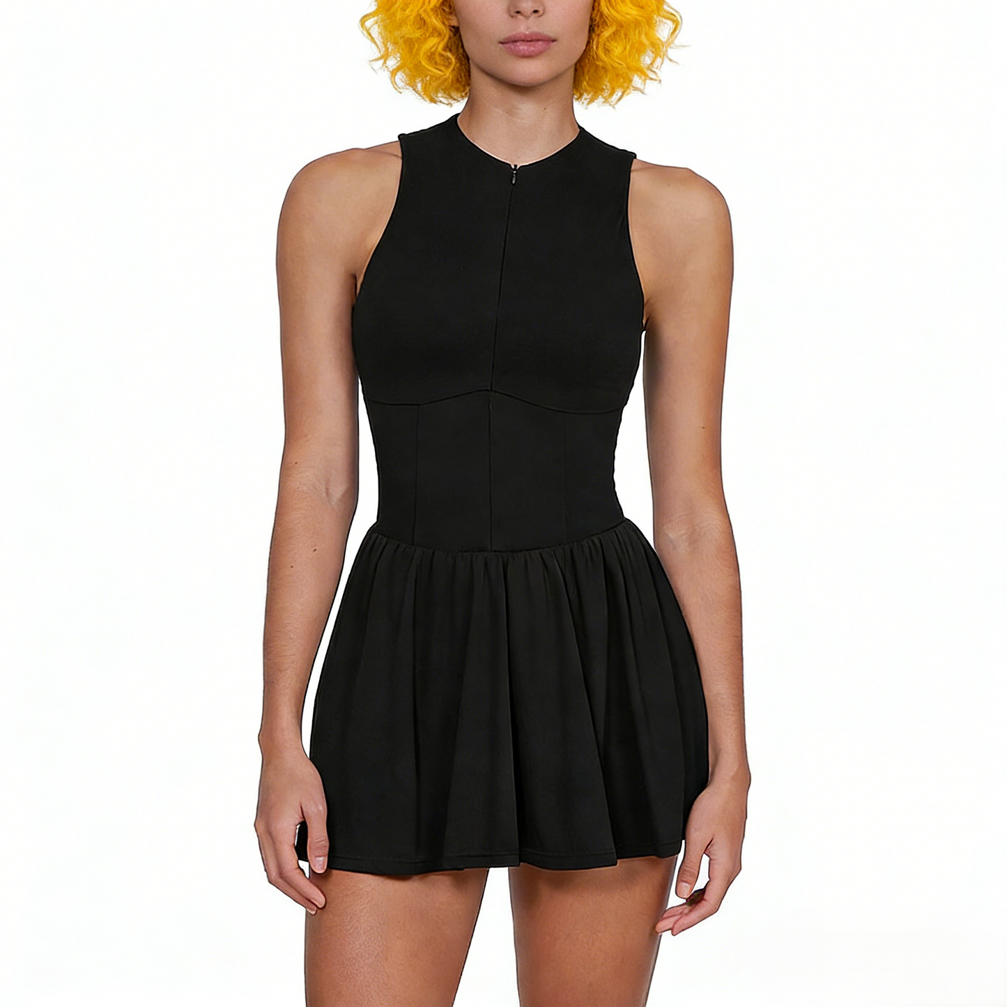 Modern Tennis Dress with Stand Collar and Zipper Design